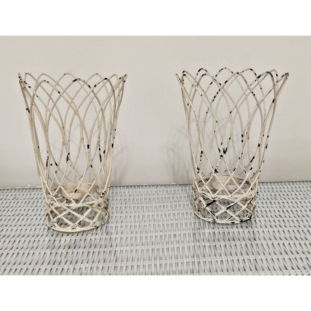 Pair of Distressed Metal Wire Candle Tea Light Holders - 8" - Shabby Chic